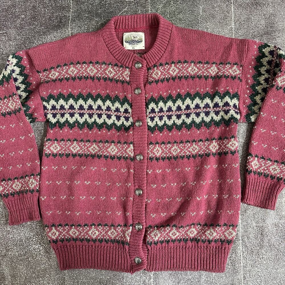 Women's Vintage 90's Alps USA Pink Wool Button Up Cardigan Sweater Jacket Sz XL